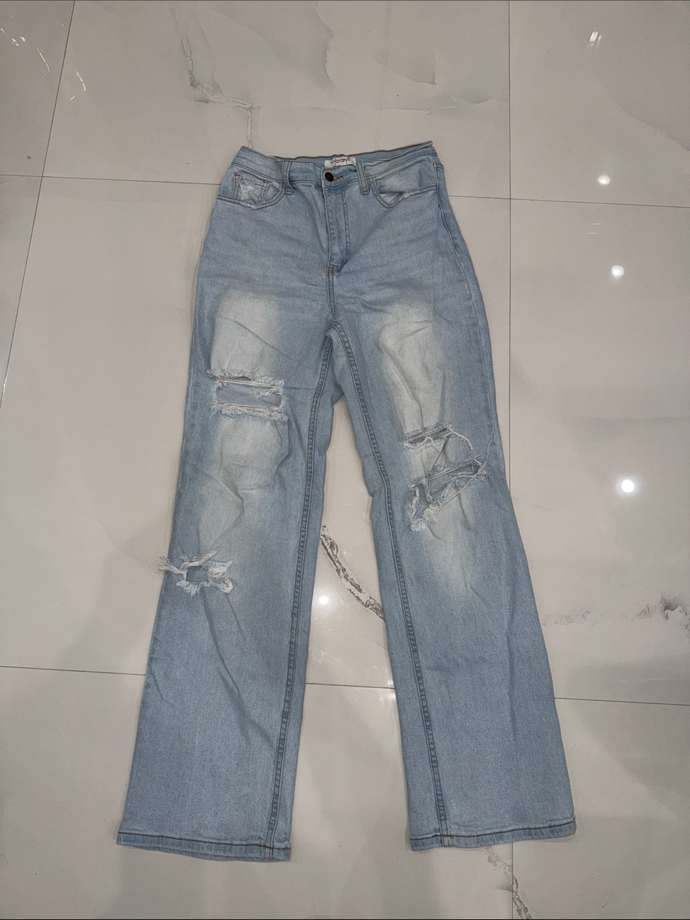Vibrant Light Blue Ripped Wide-Leg Jeans